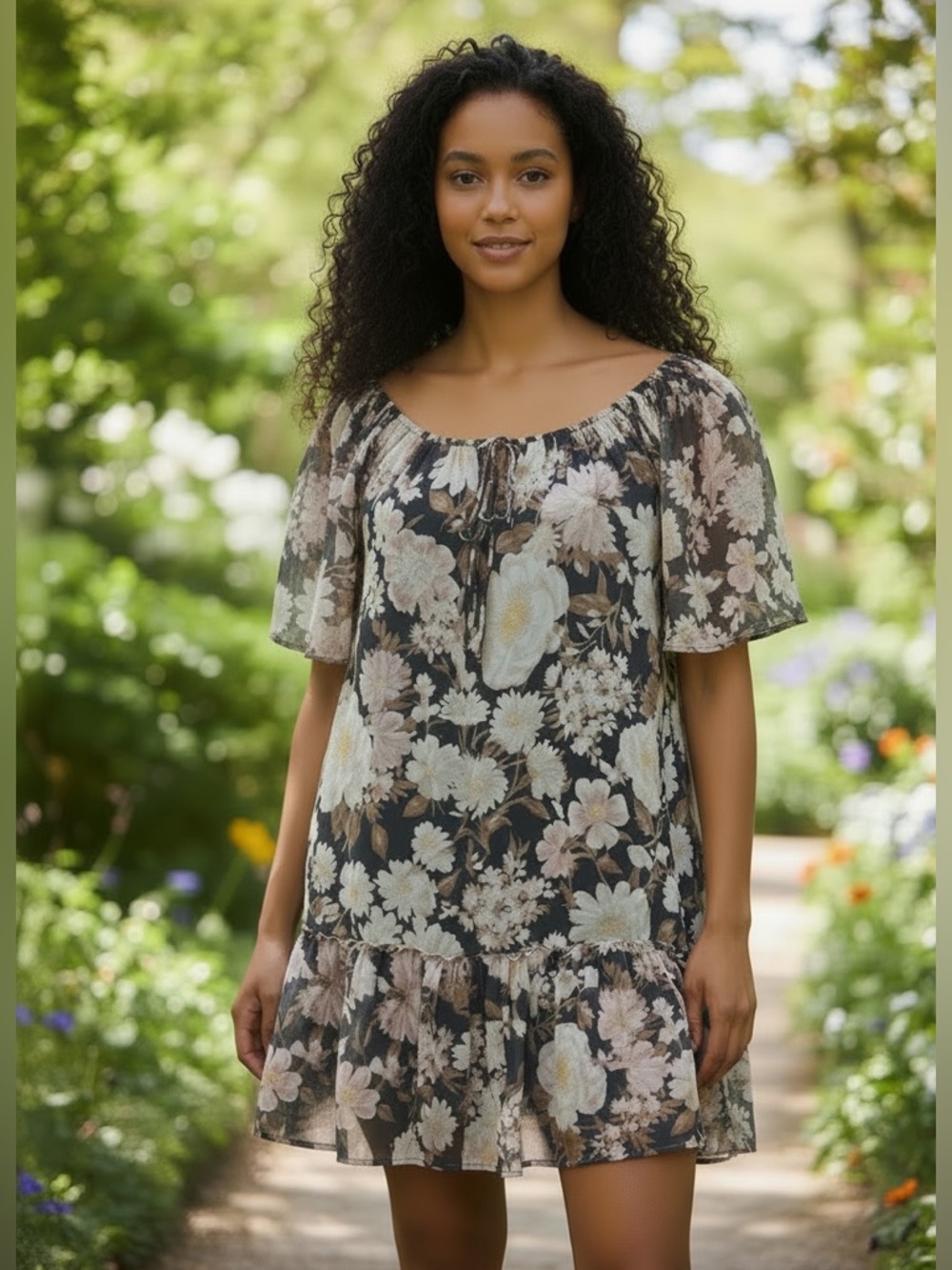 Abercrombie & Fitch Floral Midi Dress - Black and Cream